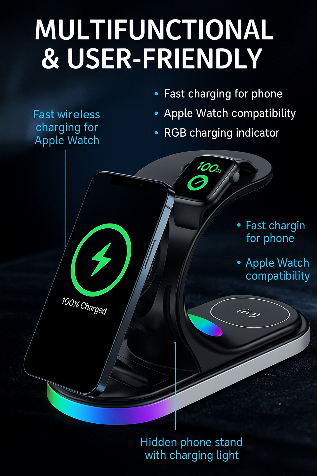3-in-1 Wireless Fast Charging Stand with Colorful Lights
